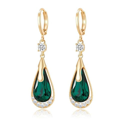 Trendy Austrian Crystal Teardrop Drop Huggie Dangle Earrings for Women 14k Rose Gold Plated Hypoallergenic Jewelry Gifts - color: Green