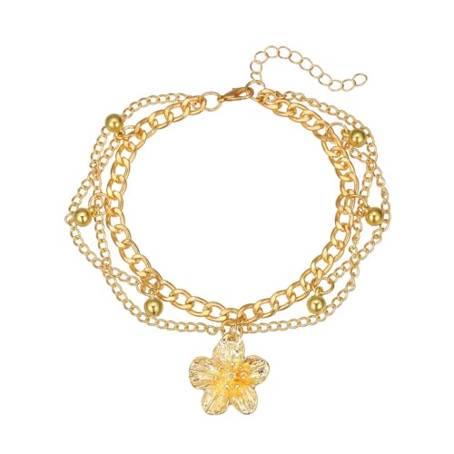 Flower Tassel Charm Anklet for Women Layered Boho Floral Ankle Chain Bracelet Adjustable Summer Beach Jewelry Foot Accessories - color: Gold