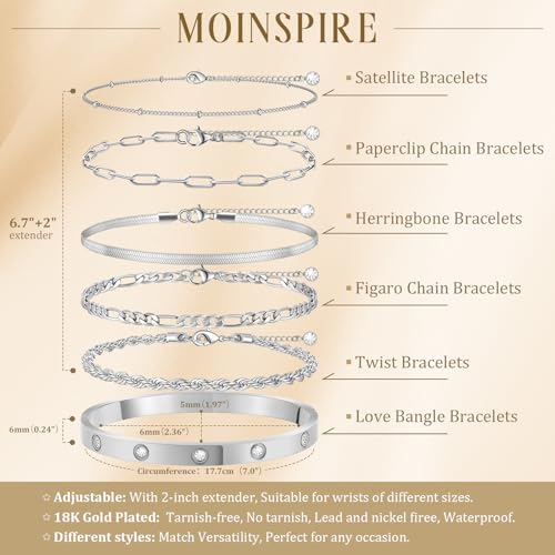MOINSPIRE Bracelets for Women Non Tarnish, Dainty 18K Gold Plated Bracelets Stack Trendy Waterproof Stackable Bangles, Cuban Link Paperclip Chain Jewelry Set Fashion Accessories Gifts for Women - color: A4-Silver Clip Bead + Bracelet