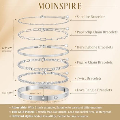 MOINSPIRE Bracelets for Women Non Tarnish, Dainty 18K Gold Plated Bracelets Stack Trendy Waterproof Stackable Bangles, Cuban Link Paperclip Chain Jewelry Set Fashion Accessories Gifts for Women - color: A4-Silver Clip Bead + Bracelet