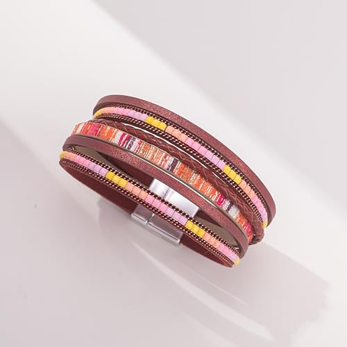 Boho Layered Leather Wrap Bracelets Chunky Western Country Hippie Jewelry | Stackable Bohemian Cowgirl Magnetic Clasp Cuff Bangle Set Fashion Stack Statement Festival Trendy Jewelry Gifts for Women - color: Burgundy