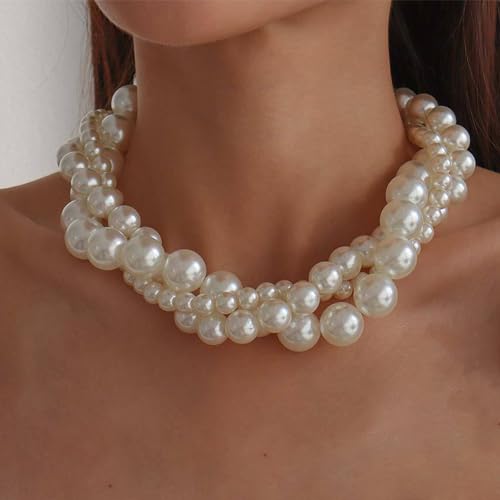 Chunky Pearl Choker Necklace - Stackable Statement Wedding Party Jewelry Gift - size: set