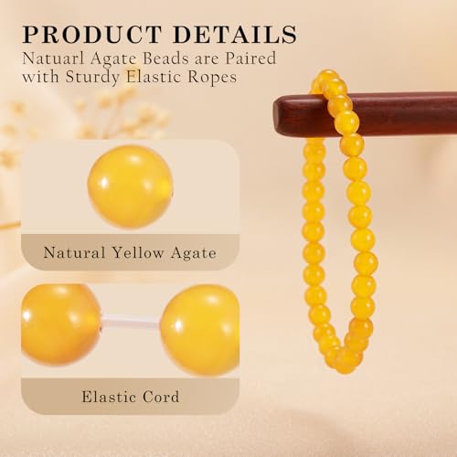 Agate Round Beaded Bracelet for Women Men Natural Agates Stone Healing Bracelets Stretch Elastic Handmade Polished Gemstone Beads Bracelet - color: Yellow, size: 6mm Beads