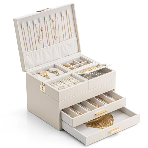 VLANDO Jewelry Box,4-Layer Design with Retractable Tray and 2 Drawers | Separate Necklaces,Rings,Bracelets,Earrings Organizer Areas,Watches Pillow,Birthday Gift,Vanity - color: A.Cloud White, size: 4-Layer