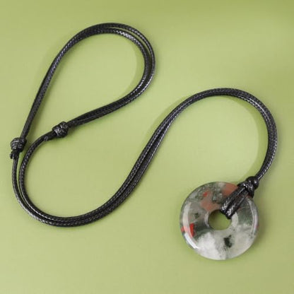 FANASY Natural Gemstone Pendant Necklce Lucky Coin Crystal Necklace Protection Donut Pendnat with Adjustable Rope for Men Women - color: African Bloodstone