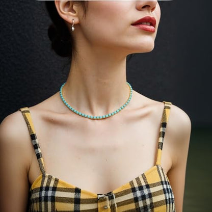 Boho Turquoise Beaded Necklace with Extender Chain Dainty Adjustable Gemstone Choker for Women Summer Beach Accessory-Gift Ready
