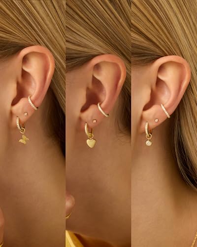 PAVOI 14K Gold Plated Mix & Match Charms Dainty Huggie Earrings for Women | Hypoallergenic Earrings with 925 Sterling Silver Posts, Huggie Hoop Earrings with Motif Dangle Charms Pack - style: Butterfly