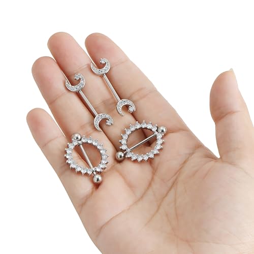 9 Pairs 14G Stainless Steel Nipple Rings Tongue Ring Straight Nipple Barbells Cute Butterfly Rose Opal Moon Heart CZ Body Piercing Jewelry for Women Pink Silver Tone