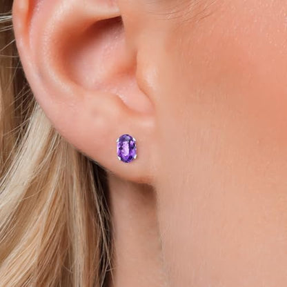 Gem Stone King Oval Gemstone Birthstone Stud Earrings for Women Men | Oval Cut 7X5MM | Fine Jewelry Gifts for Mom Dad Wife Him Her - style: Amethyst-Checkerboard, February