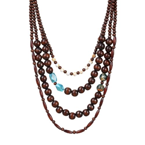 Elisheva Beaded Statement Necklace, Bohemian Layered Wood Bead and Turquoise Necklace, Chunky Coconut Shell Collar Necklace, Tribal Collar Jewelry for Women - color: wood and turquoise necklace