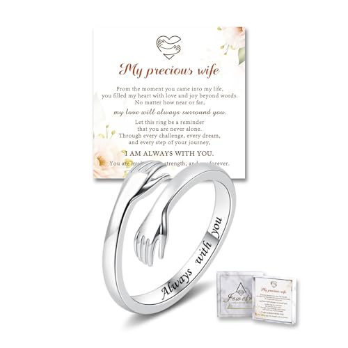 Sterling Silver Hug Ring for Women Teen Girls Adjustable Love Promise Ring Inspirational Open Rings Mothers Day Birthday Gift for Daughter Granddaughter Mom Wife Best Friend - color: Silver / Wife Gift (Always with you)