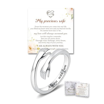 Sterling Silver Hug Ring for Women Teen Girls Adjustable Love Promise Ring Inspirational Open Rings Mothers Day Birthday Gift for Daughter Granddaughter Mom Wife Best Friend - color: Silver / Wife Gift (Always with you)