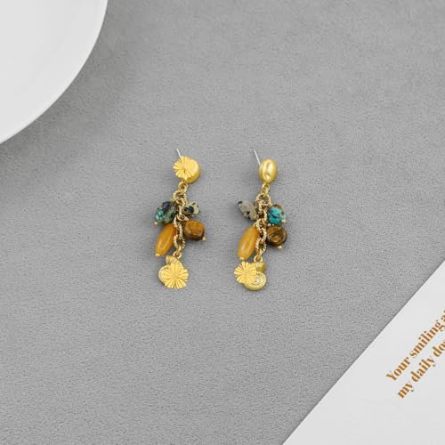 Bohemian Triple Layered Necklace fo r Women, 18K Gold Plated Brass Multi-Strand Choker with Flower Charm & Mixed Natural Stones, Dalmatian Jasper Turquoise Tiger Eye Pendant, Summer Beach Jewelry Gift