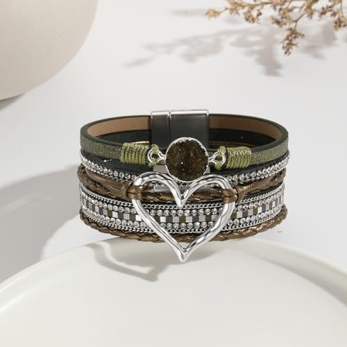 Womens Love Heart Leather Wrap Bracelet Multi-layer Stacked Bangle | Magnetic Clasp Soft PU Leather Resin Stone Rhinestone Boho Style Birthday Valentine Christmas Bohemian Jewelry Gift - color: Grass Green