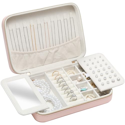Genuine Leather Travel Jewelry Organizer Case Box with Mirror for Women, Small Mini Portable Jewelry Box for Ring Earrings Necklace Bracelet Luxury Gift for Women Pink - color: Pink