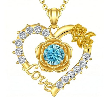 Birthstones Necklace Gifts for Women Love Heart Necklaces for Womenwith Rose Flower Jewelry Gifts for Mother's Day Valentine's Day Engagement Birthday Thanksgiving Christmas - color: March