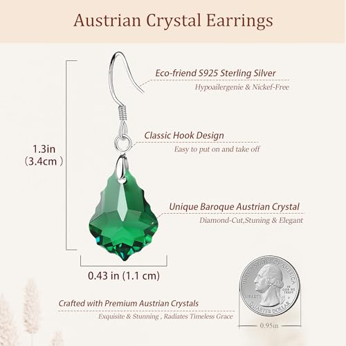 Austrian Crystal Baroque Drop Dangle Earrings for Women 925 Sterling Silver Hook Hypoallergenic Jewelry - color: Emerald