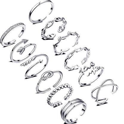 Honsny 12PCS Silver Plated Rings Adjustable Open Rings for Women Cute Gold Plated Stackable Thumb Rings Joint Chain Midi FingerArrow Knot Wave Band Rings Set - color: Silver 12pcs