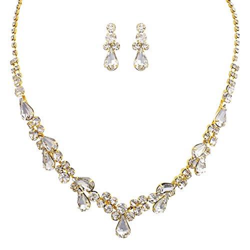 Rosemarie Collections Women's Stunning Rhinestone Crystal Teardrop Statement Necklace Hypoallergenic Drop Earrings Set, 15"+6" Extender - color: Clear Gold Tone