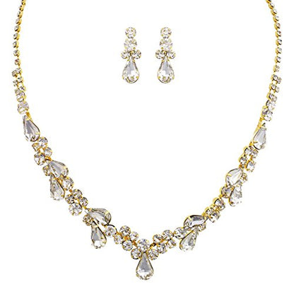 Rosemarie Collections Women's Stunning Rhinestone Crystal Teardrop Statement Necklace Hypoallergenic Drop Earrings Set, 15"+6" Extender - color: Clear Gold Tone