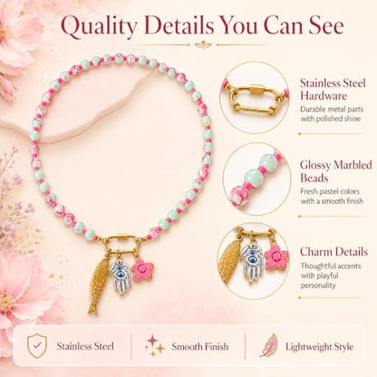 LIU JUN Colorful Beaded Necklace for Women, Chunky Boho Fish Starfish Conch Pendant Acrylic Bead Necklaces Cute Y2K Summer Beach Jewelry Gifts - color: Fish+Evil Eye