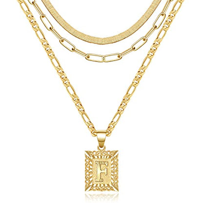 KissYan Gold Layered Initial Necklace Set for Women | 14K Gold/White Gold Plated Letter Pendant with Paperclip Snake Figaro Choker Chain, Alphabets from A-Z Jewelry Gifts - color: 3PCS, style: F