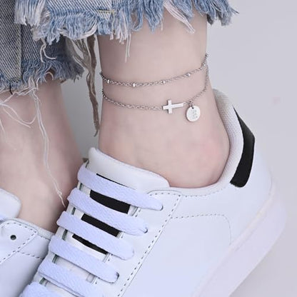 Gold Cross Ankle Bracelets for Women | Anklets for Women Waterproof with Initial Charm (A-Z) | Non Tarnish Summer Beach Jewelry Gifts for Her - color: Silver E