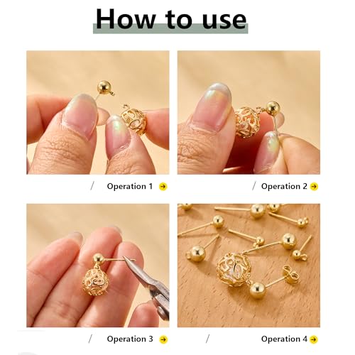12Pcs Gold Earrings Making Supplies Ball Studs Post with Loop Ear Backs | Hypoallergenic 3/4/5mm Ball/Flat Stud Post Replace Butterfly Ear Backs for Dangle Charm Pendant Earring Jewelry Making Set - color: Ball_Gold