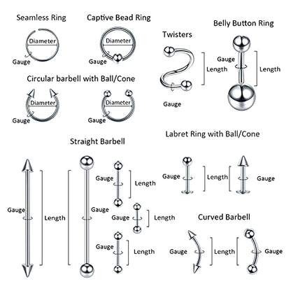 Oveta 150-151PCS Body Piercing Jewelry Lot 14G 16G 20G Stainless Steel Nose Lip Tongue Cartilage Tragus Eyebrow Industrial Barbell Belly Button Rings Piercing Kit Jewelry - style: 150pcs-Mixed Color