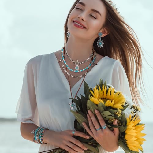 Ecally Bohemian Western Jewelry Turquoise Set Women Country Pendant Long Choker Layered Bracelets Earrings Ring for Women - color: Turquoise, style: Delicate