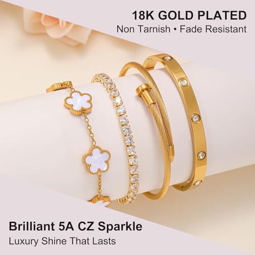 YOUNGGRACE 18K Gold Plated Womens Stackable Bracelets Set 4 Pcs – Love Bangle, Nail Bracelet, Clover & CZ Tennis Bracelet, Non Tarnish Hypoallergenic Stainless Steel Gold Layered Jewelry Gift for Her - color: Black Floral