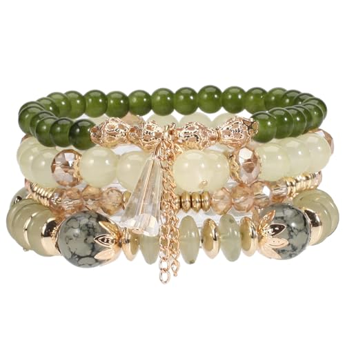 Boho Stackable Jewelry Bracelets for Women 4 Pcs Beaded Stretch Stacking Charm Crystal Bracelet Set Friendship Gifts - color: Beige