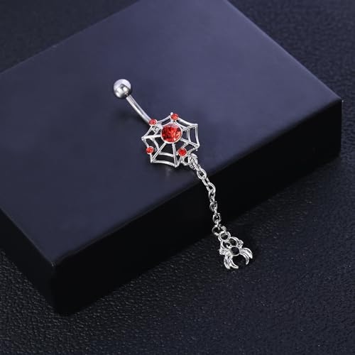 14G Surgical Stainless Steel Dangle Belly Button Rings for Women Belly Ring Dangling Piercing Jewelry CZ Snake lizard Skull Spider bat Halloween Party Punk Rock - style: Silver Spider