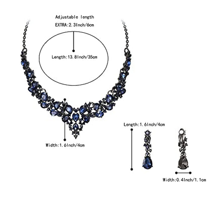 Wedding Statement Necklace Clip-on Earrings Jewelry Set | Sparkling Austrian Crystal Teardrop Cluster for Party Prom Accessories - color: 07-Sapphire Color Black-Tone