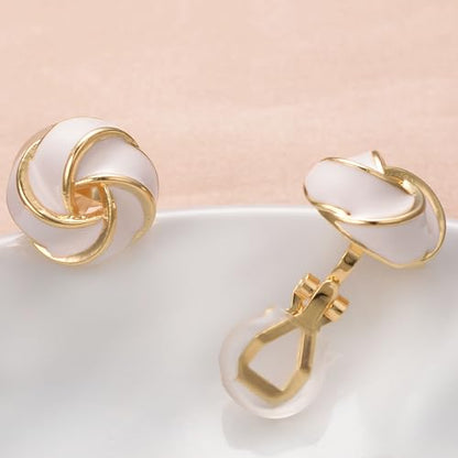 Yoursfs Knot Multicolor Clip on Earrings For Women Silver and gold Plated Large Non Pierced Floral Earrings - style: White four knot ear clip