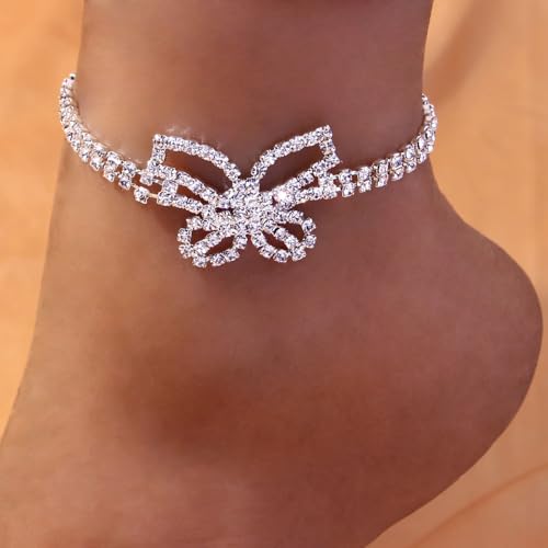 Fesciory Silver Ankle Bracelets for Women, Adjustable Rhinestone Pendant Tennis Anklet, Butterfly Heart Infinite Diamond Summer Beach Foot Chain Jewelry Gifts - style: Butterfly1