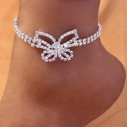Fesciory Silver Ankle Bracelets for Women, Adjustable Rhinestone Pendant Tennis Anklet, Butterfly Heart Infinite Diamond Summer Beach Foot Chain Jewelry Gifts - style: Butterfly1