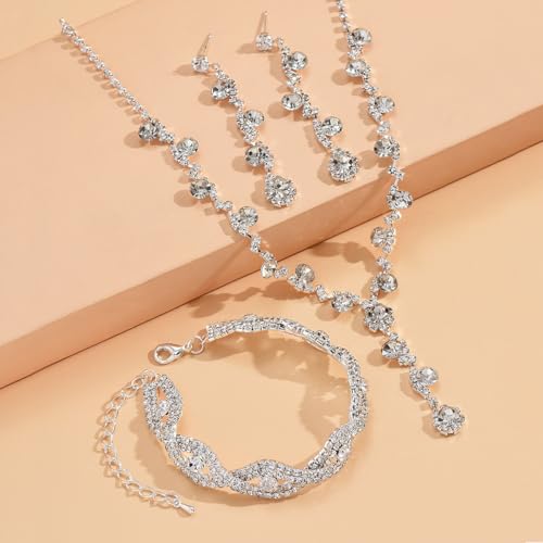 Prom Earrings Necklace Bracelet Set Elegant Crystal Rhinestone Necklace Earrings Bracelet Bridal Wedding Prom Dresses Costume Outfit Gold Jewelry Sets for Women - color: Silver B