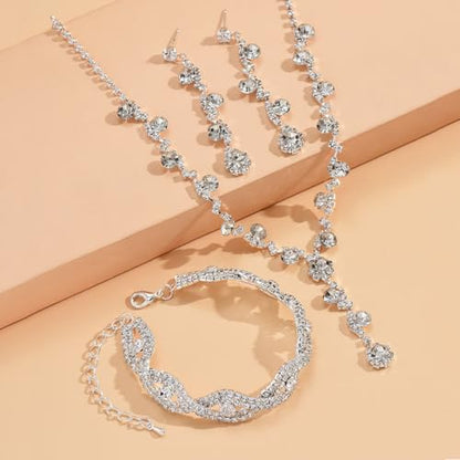 Prom Earrings Necklace Bracelet Set Elegant Crystal Rhinestone Necklace Earrings Bracelet Bridal Wedding Prom Dresses Costume Outfit Gold Jewelry Sets for Women - color: Silver B