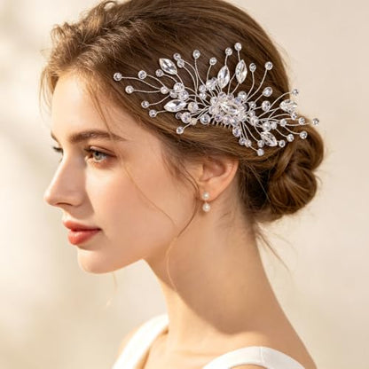 Wedding Hair Comb Pearl Crystal Bridal Hair Piece | Rhinestone Wedding Hair Accessories，Silver Hair Comb Clip for Women Wedding Party - color: Silver-837