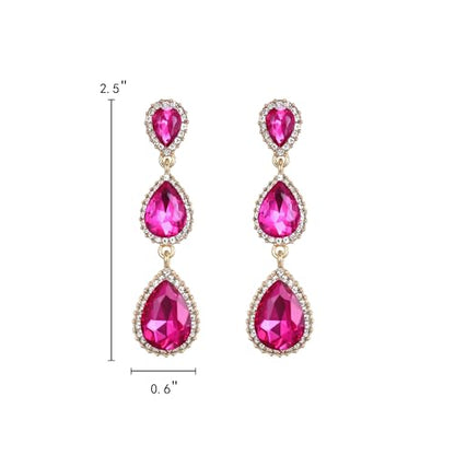 EleQueen Women's Crystal Teardrop Pear Shape 2.5 Inch Long Earrings | Dangle Earrings for Women, TearDrop Crystals Earrings for Bride Bridesmaid, Prom Jewelry for Wedding - color: Hot Pink Gold-Tone