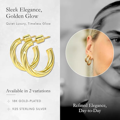 Small Gold Hoop Earrings for Women | 18K Gold Plated Non Tarnish Hoops, Classic Polished Huggie Earrings, 925 Sterling Silver Base, Twist Hoop. (4x20mm & 4x25mm, 3x15mm & 3x20mm) - color: Gold, size: Twist Hoop (4x20mm & 4x25mm)