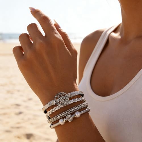 hotoo Leather Wrap Bracelets for Women Tree of Life Cuff Bracelets Pearl Rhinestone Bead Multi-Layer Bracelets Bohemian Jewelry Gift for Women - color: Silver