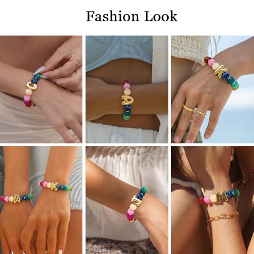 Initial Bracelet for Women Colorful Chunky Beaded Bracelet 14K Gold Plated Letters Statement Bracelets Summer Boho Beach Initial Strech Bracelet Jewelry Gifts