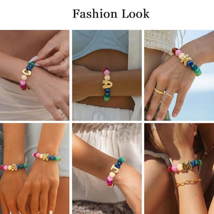 Initial Bracelet for Women Colorful Chunky Beaded Bracelet 14K Gold Plated Letters Statement Bracelets Summer Boho Beach Initial Strech Bracelet Jewelry Gifts