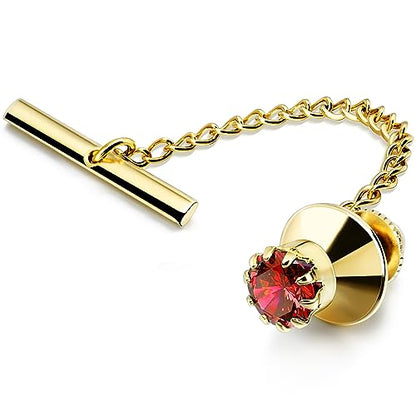 HAWSON Mens Tie Tack with Chain Round Crystal Wedding Business Accessories - color: Gold + Siam