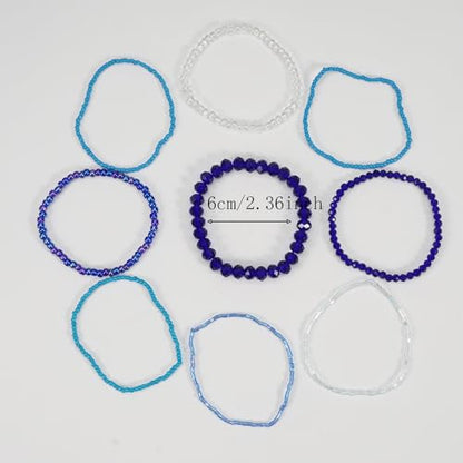 Bohemian Colorful Crystal Glass Beads Seed Beaded Bracelet Handmade Adjustable Stackable Elastic Strand Bangle for Women Summer Beach Hawaii Boho Wristbands Jewelry - color: dark blue