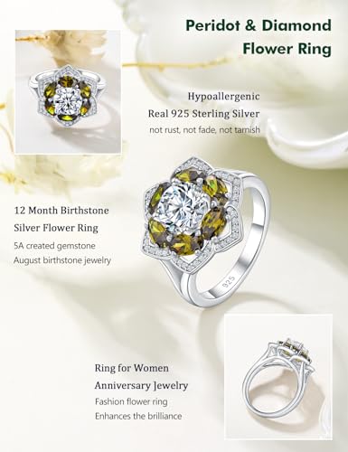Flower Engagement Promise Ring Sterling Silver Birthstone Rings for Women Sapphire/Emerald/Ruby Gemstone Six Leaf Clover Statement Cocktail Ring Size 6 to 10 - style: 08. August-Created Peridot