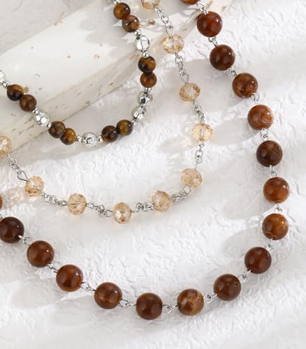 Noessla Layered Beaded Necklaces for Women - 3 Strand Boho Statement Choker Fashion Jewelry Gifts - color: Brown