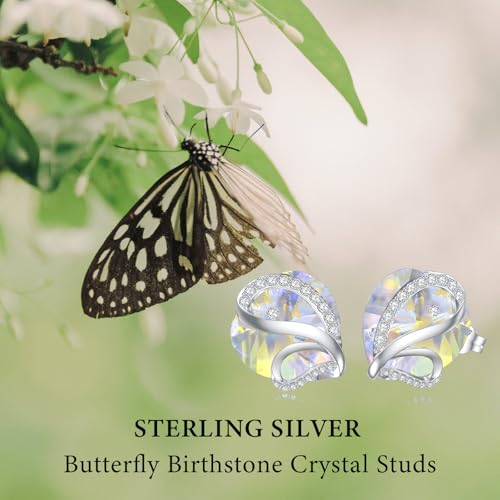 Butterfly Heart Birthstone Crystal Stud Earrings for Women S925 Sterling Silver Heart Birthstone Studs Birthday Gifts for Wife Mother Daughter Girlfriend Mom - color: 04-April